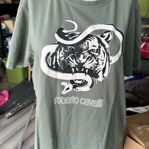Roberto Cavalli green tshirt size large men snake and tiger front design as is